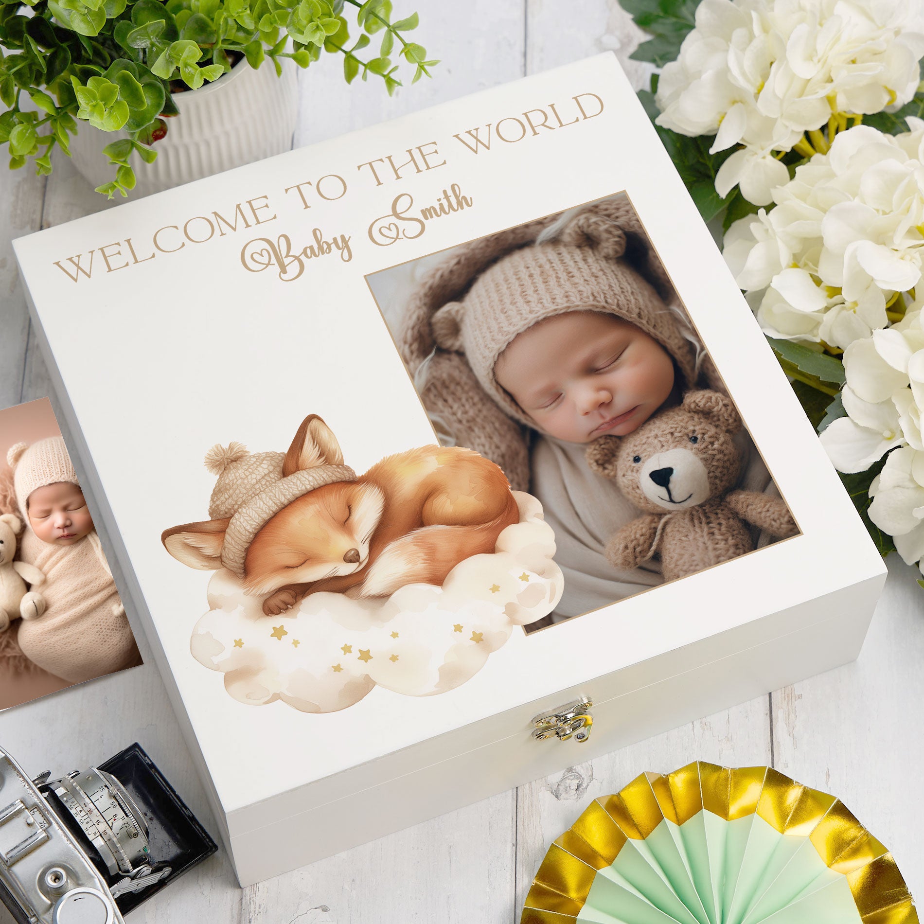 Personalised White Baby Memory Box, Cute Sleeping Animal Design, Keepsake For Special and Favourite Mementos