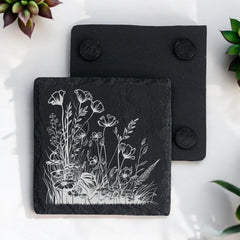 Set of 2 Wildflower Engraved Slate Stone Drink Coasters