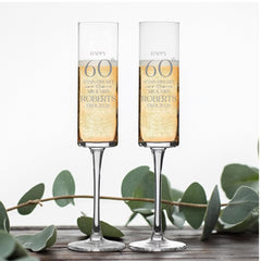 Pair Of Modern and Elegant Personalised 60th anniversary Tall Champagne Prosecco Glasses Gift