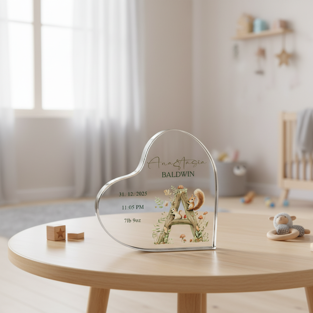 Personalised New Baby Gift Heart-Shaped Acrylic Plaque Custom Keepsake Woodland Alphabet Design Acrylic Glass Gift ukgiftstoreonline