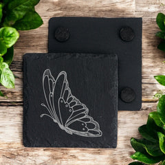 Set of 2 Butterfly Engraved Slate Stone Drink Coasters