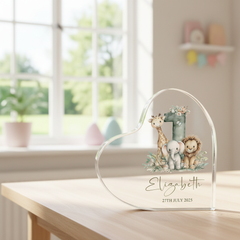 Personalised My First Birthday Baby Gift Heart-Shaped Acrylic Plaque Custom Keepsake Safari Animals Design Acrylic Glass Gift ukgiftstoreonline