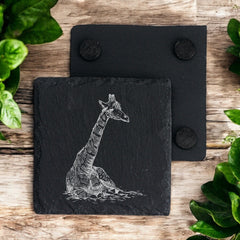 Set of 2 Giraffe Engraved Slate Stone Drink Coasters