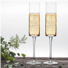 Pair Of Modern and Elegant Personalised 5th anniversary Tall Champagne Prosecco Glasses Gift