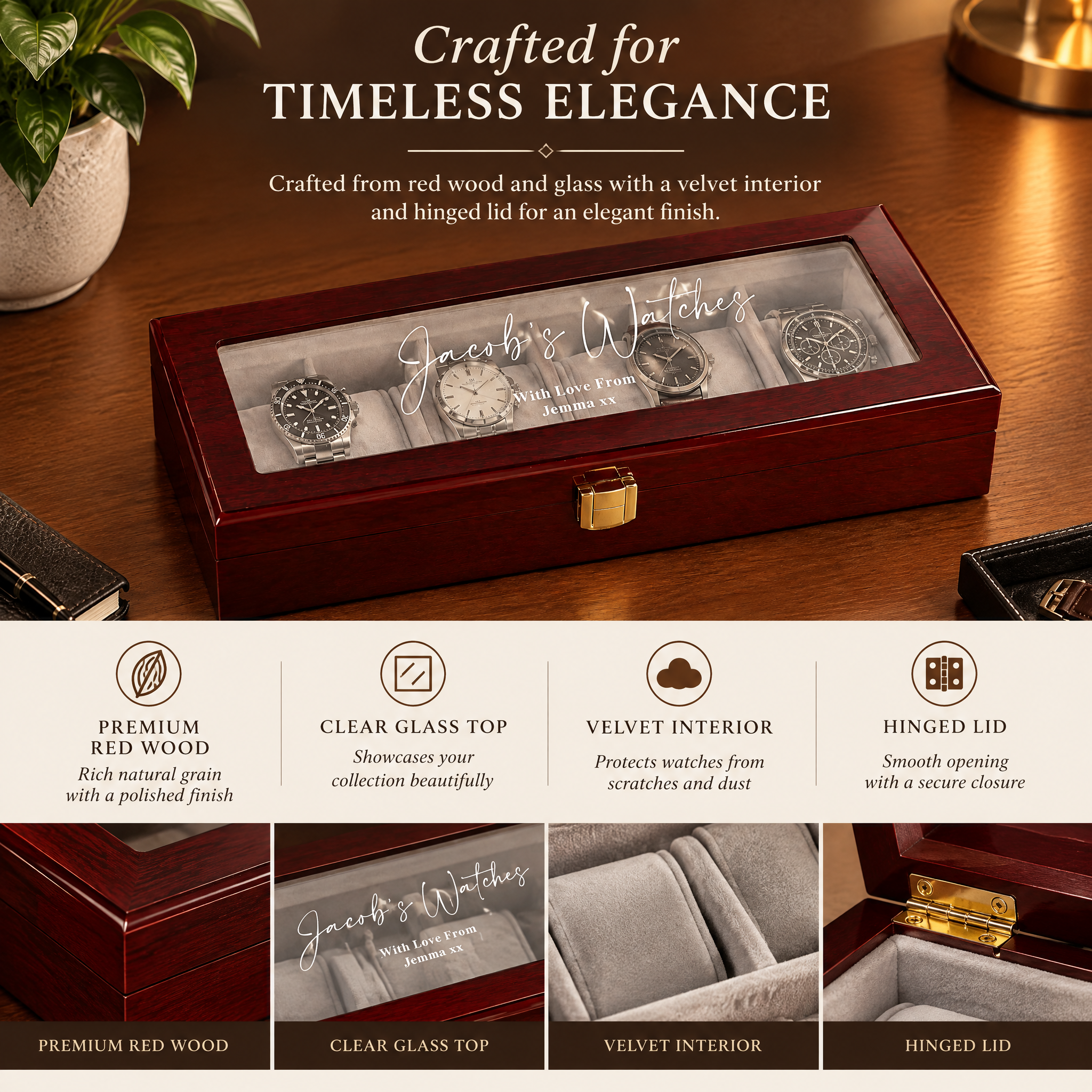 Wood Glass Watch Box, Personalised 6-Slot Red Watch Case Gift watch box ukgiftstoreonline