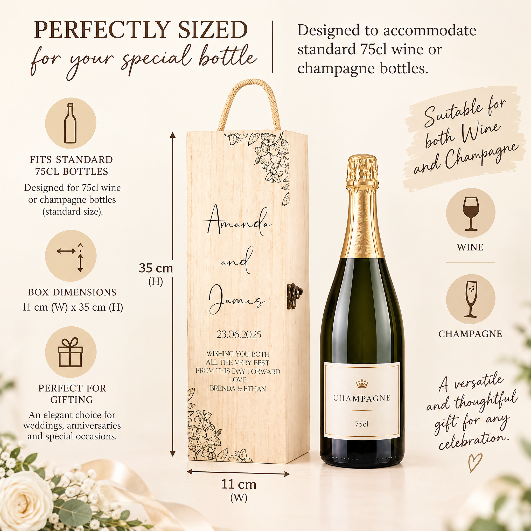 Personalised Wedding Wine Box, Floral Wooden Gift For The Couple Champagne Bottle Holder ukgiftstoreonline