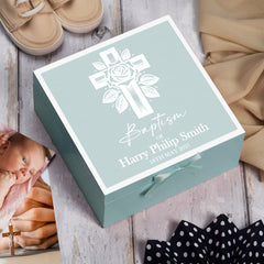 Personalised Baptism Keepsake Box Gift For Boys and Girls With Rose Leaf Cross