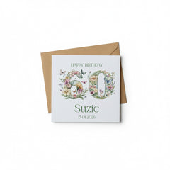 Personalised Luxury Linen 60th Birthday Card, Mum Daughter Auntie Niece Grandma Friend Floral Numbers Personalised Cards ukgiftstoreonline