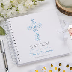 Personalised Baptism Blue Ornate Cross Design Scrapbook Photo Album