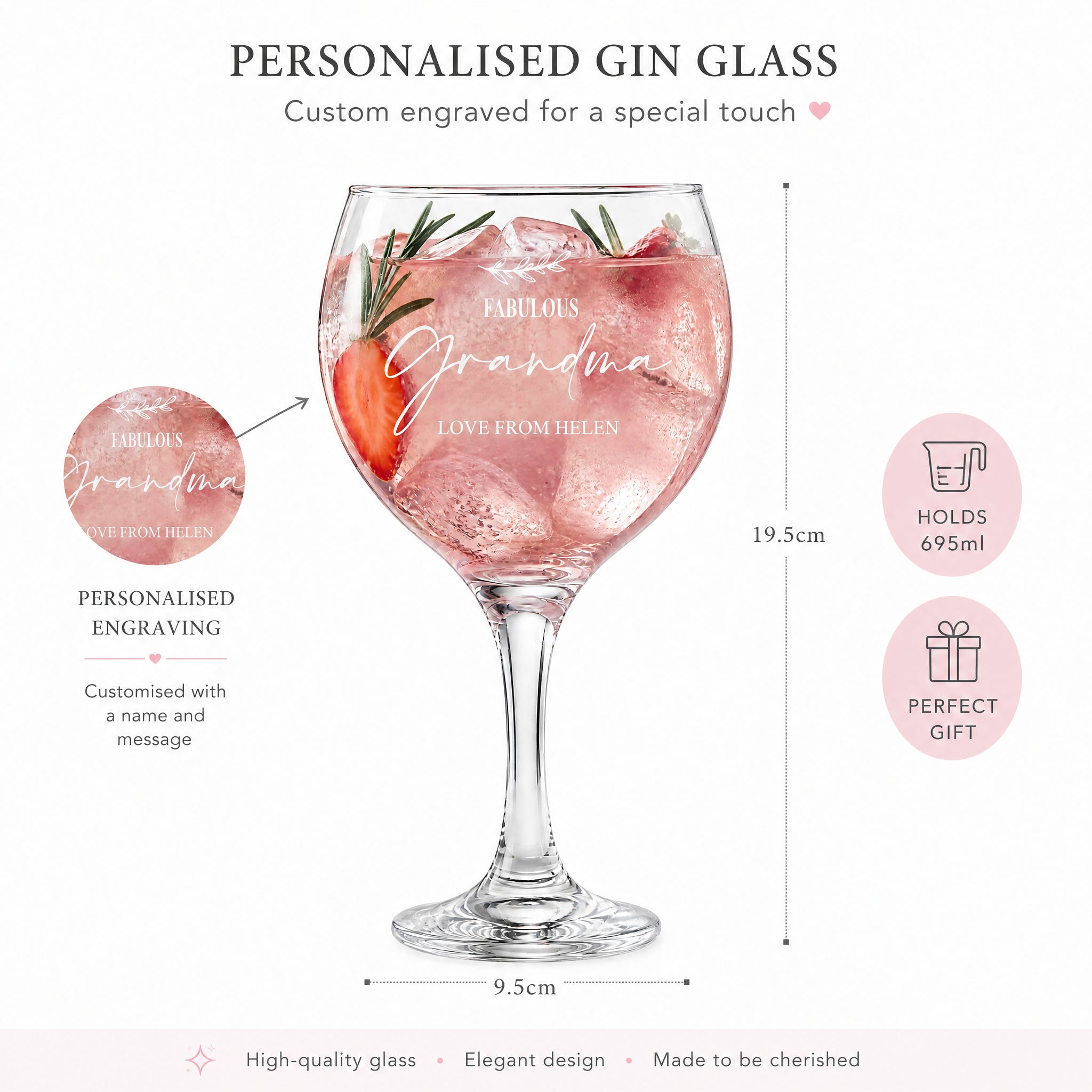 The image is a detailed description of a personalised gin glass, highlighting its custom engraving, size, and features.