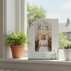 Personalised First Holy communion Elegant Photo Frame Gift With Leaves ukgiftstoreonline