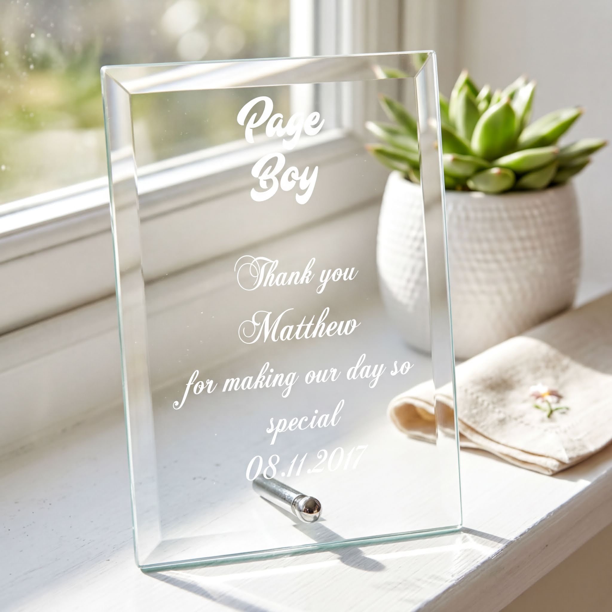 Engraved Glass Plaque - Personalised Page Boy Gift | Wedding Keepsake Personalised Crystal Glass ukgiftstoreonline