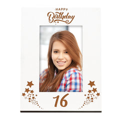 Happy 16th Birthday White Wooden Portrait Photo Frame Star Design Gift