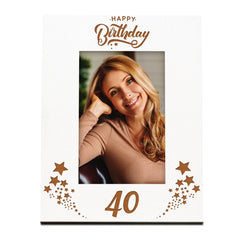 Happy 40th Birthday White Wooden Portrait Photo Frame Star Design Gift