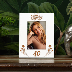 Happy 40th Birthday White Wooden Portrait Photo Frame Star Design Gift