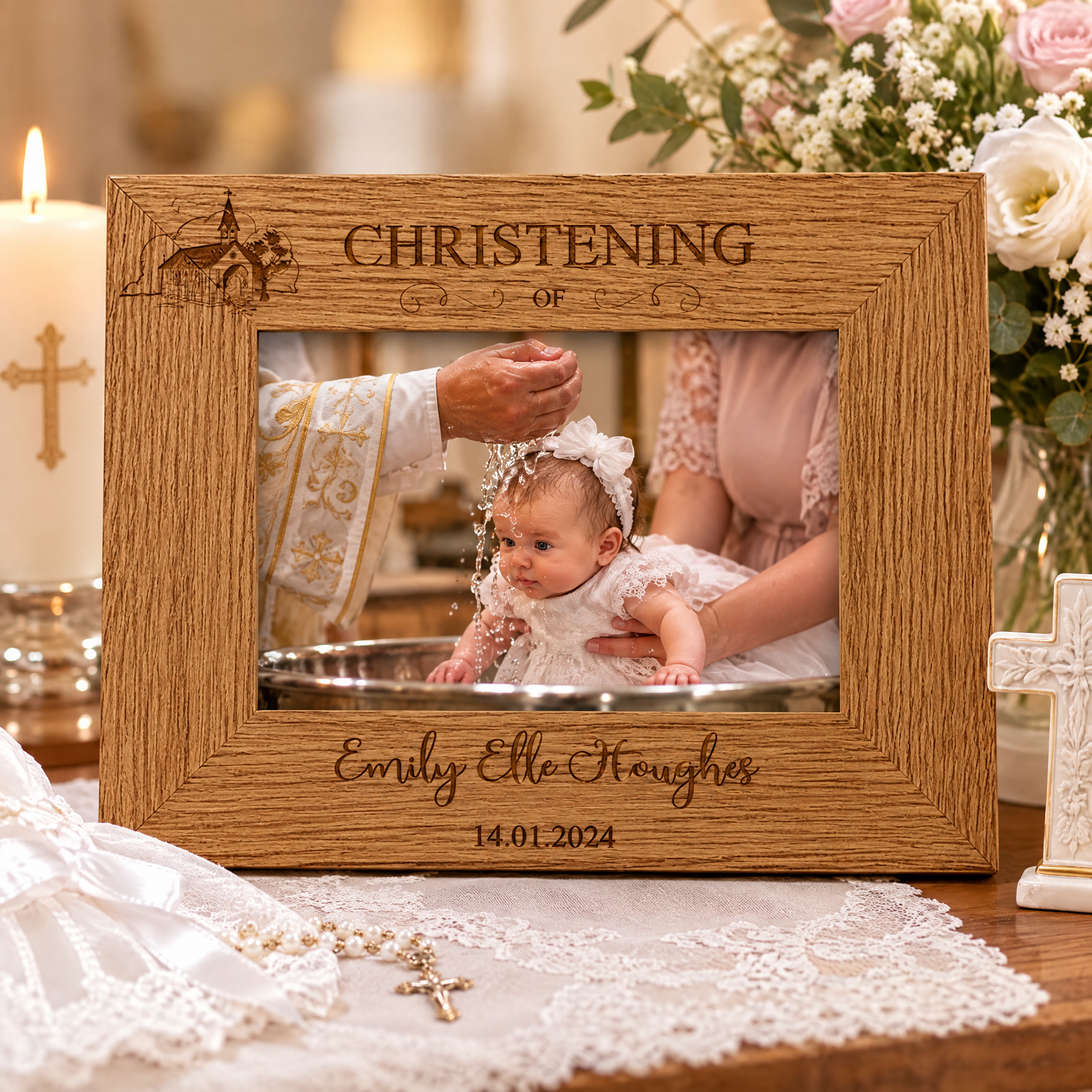 Personalised Engraved Wooden Christening Photo Picture Frame Landscape With Church Sketch Photo Frame ukgiftstoreonline