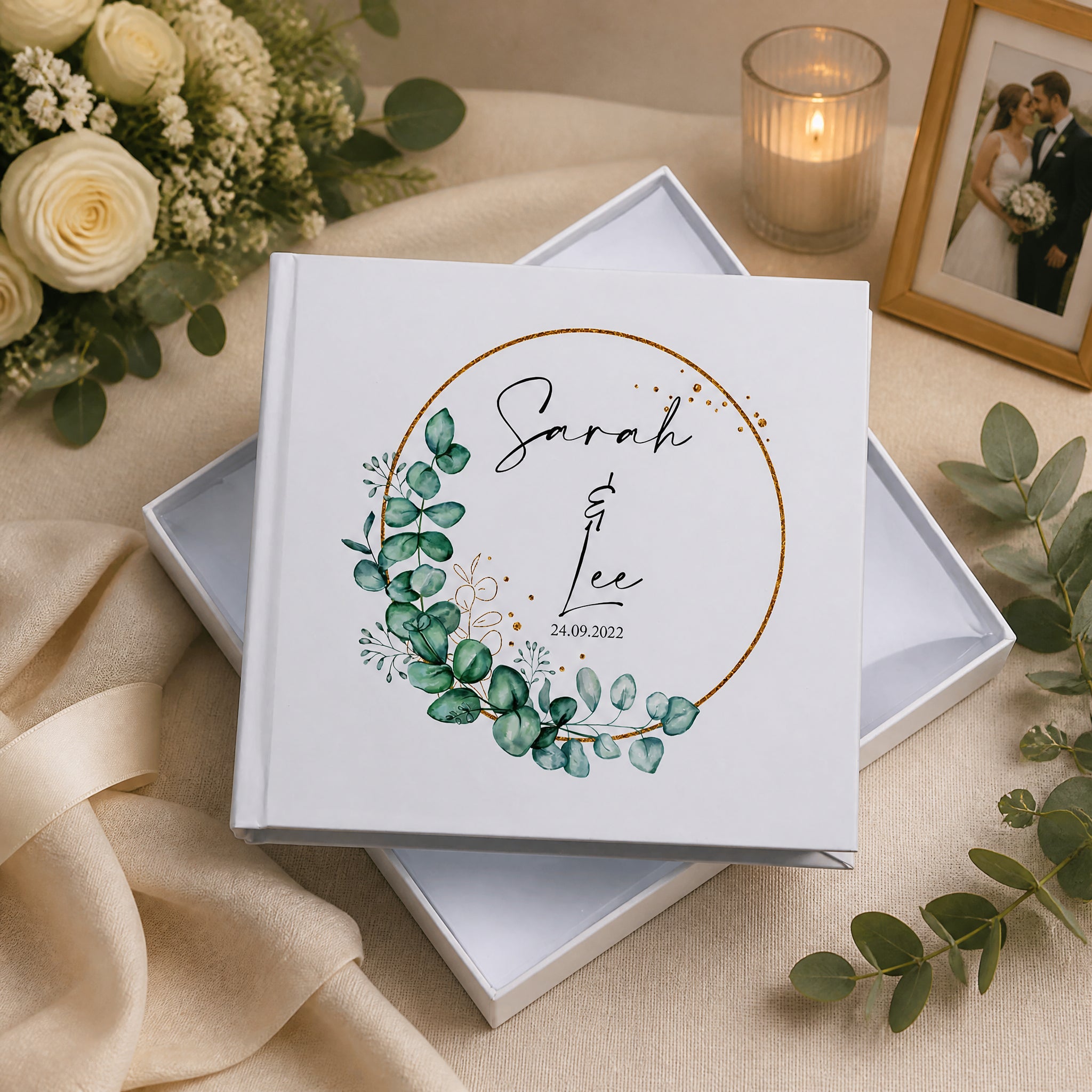 Personalised Wedding Photo album Gift With Eucalyptus Wreath personalised photo album ukgiftstoreonline