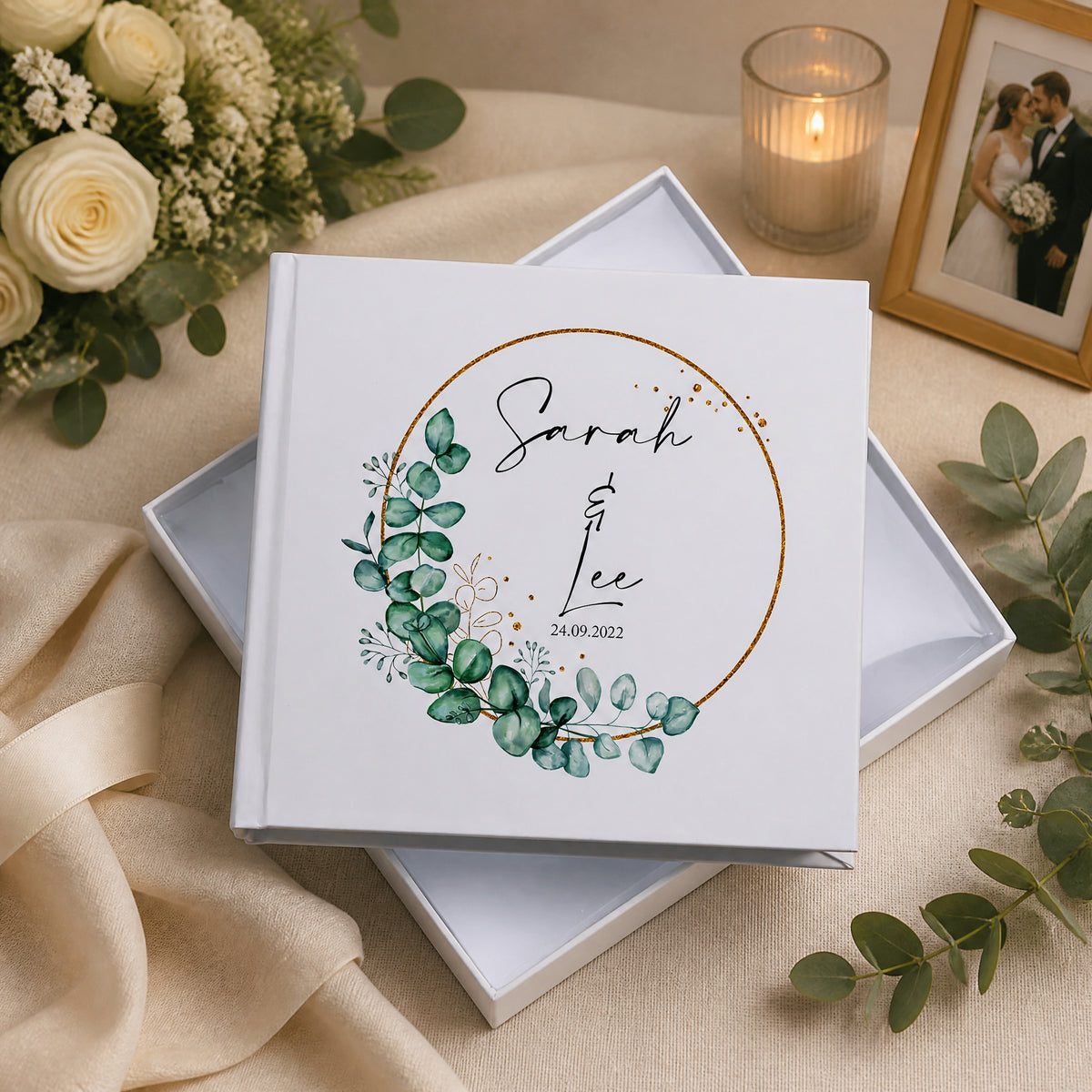 Personalised Wedding Photo album Gift With Eucalyptus Wreath personalised photo album ukgiftstoreonline