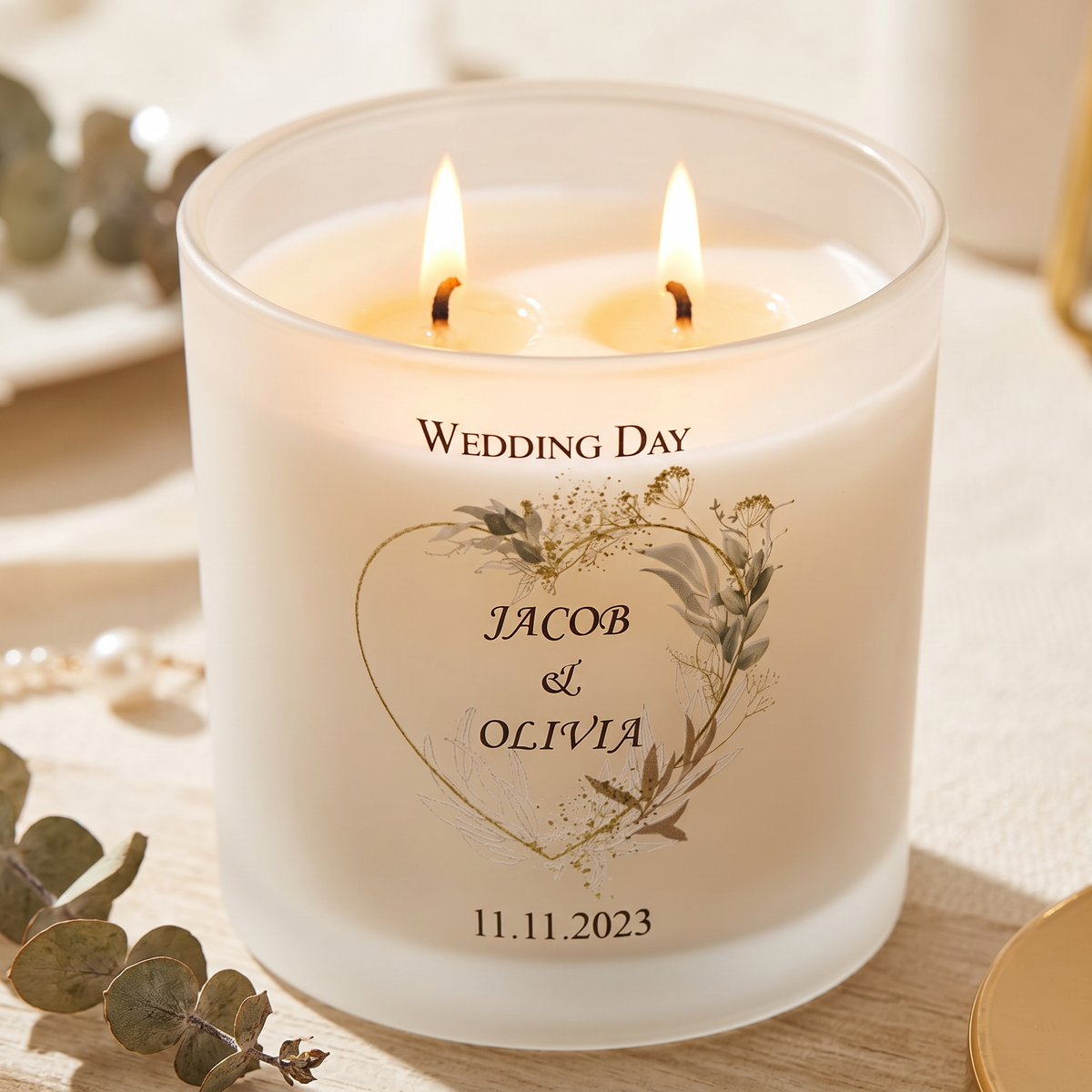 Personalised Large Double Wick Wedding Candle Gift With Gold Leaf personalised Candle Lights ukgiftstoreonline
