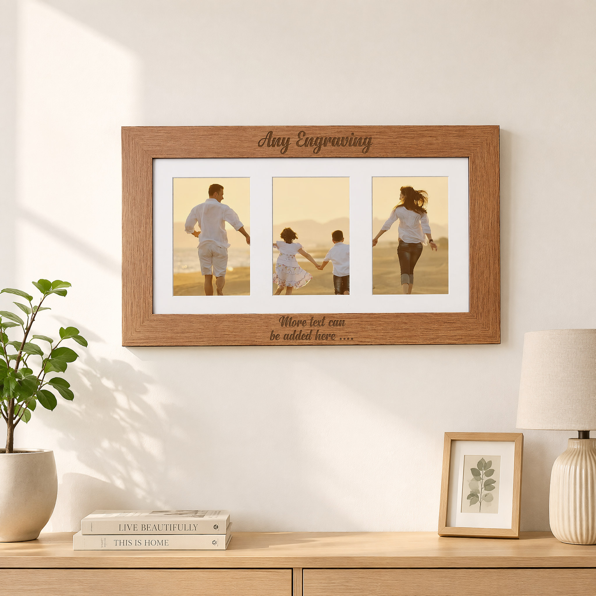 Personalised Wooden Triple Photo 6 x 4 Frame Engraved Any Message Cursive personalised photo frames ukgiftstoreonline