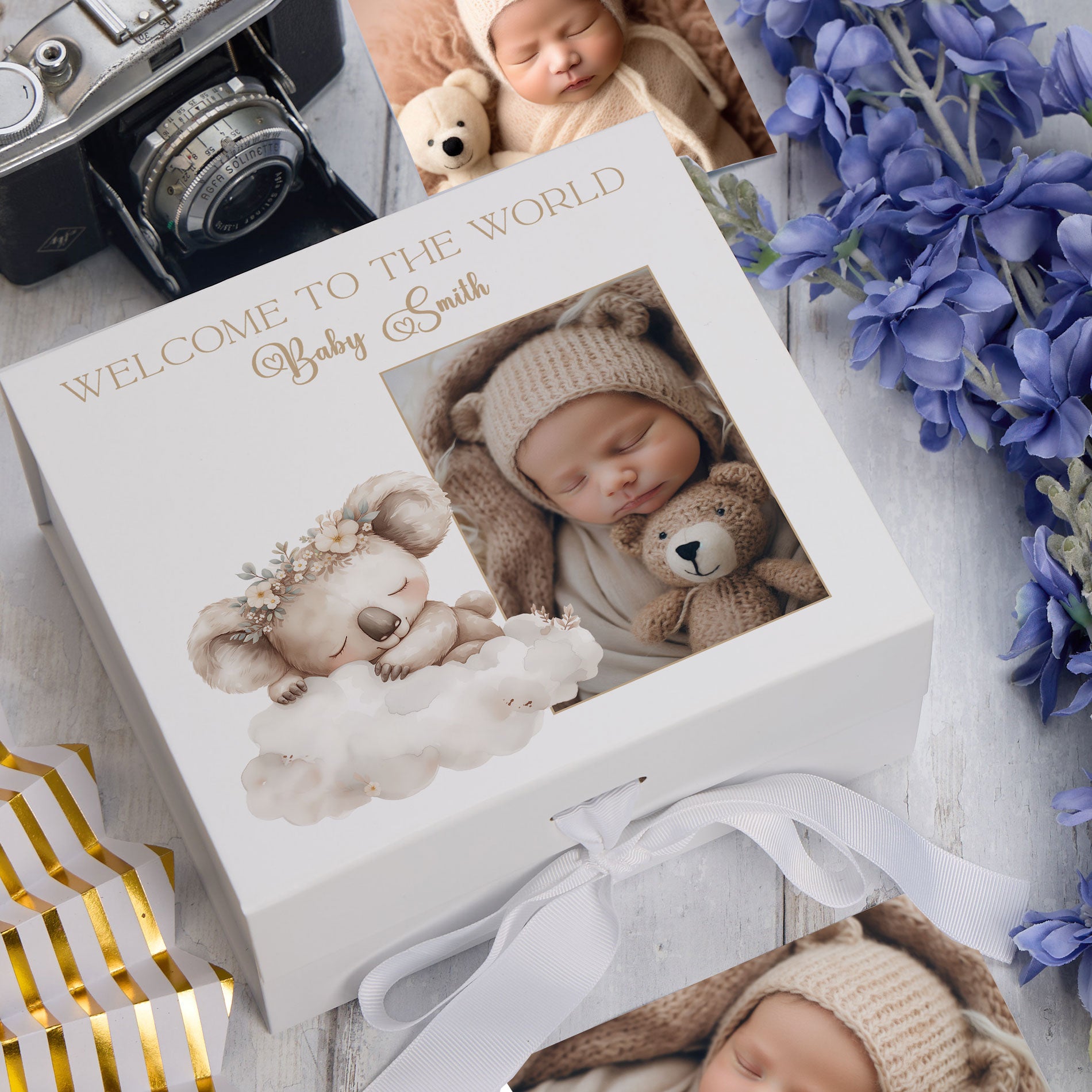 Personalised White Baby Memory Box, Cute Sleeping Animal Design, Keepsake For Special and Favourite Mementos