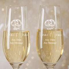 Personalised Engraved Wedding Champagne Glass Set with Any Message, Any Date, Wedding Rings Design, Custom Champagne Glasses, Engraved