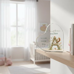 Personalised New Baby Gift Heart-Shaped Acrylic Plaque Custom Keepsake Woodland Alphabet Design Acrylic Glass Gift ukgiftstoreonline