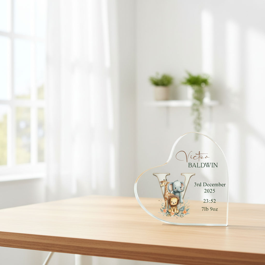 Personalised New Baby Gift Heart-Shaped Acrylic Plaque Custom Keepsake Safari Animals Alphabet Acrylic Glass Gift ukgiftstoreonline