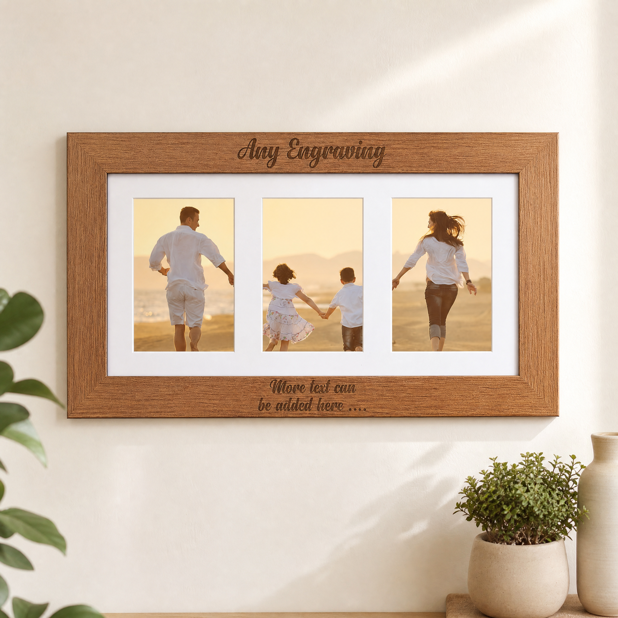 Personalised Wooden Triple Photo 6 x 4 Frame Engraved Any Message Cursive personalised photo frames ukgiftstoreonline