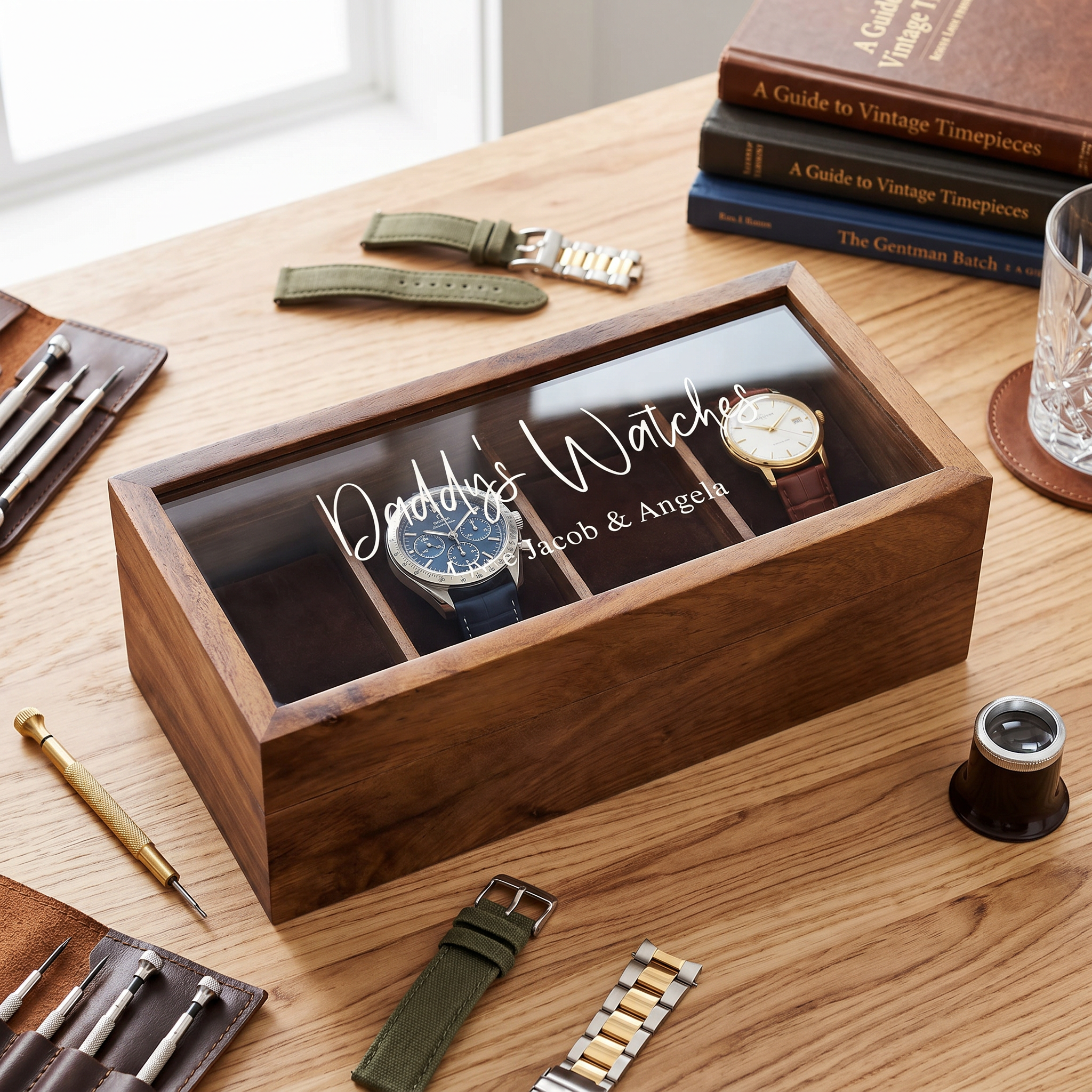 Personalised 4 Watches Solid Wood And Glass Watch Box Gift For Him watch box ukgiftstoreonline
