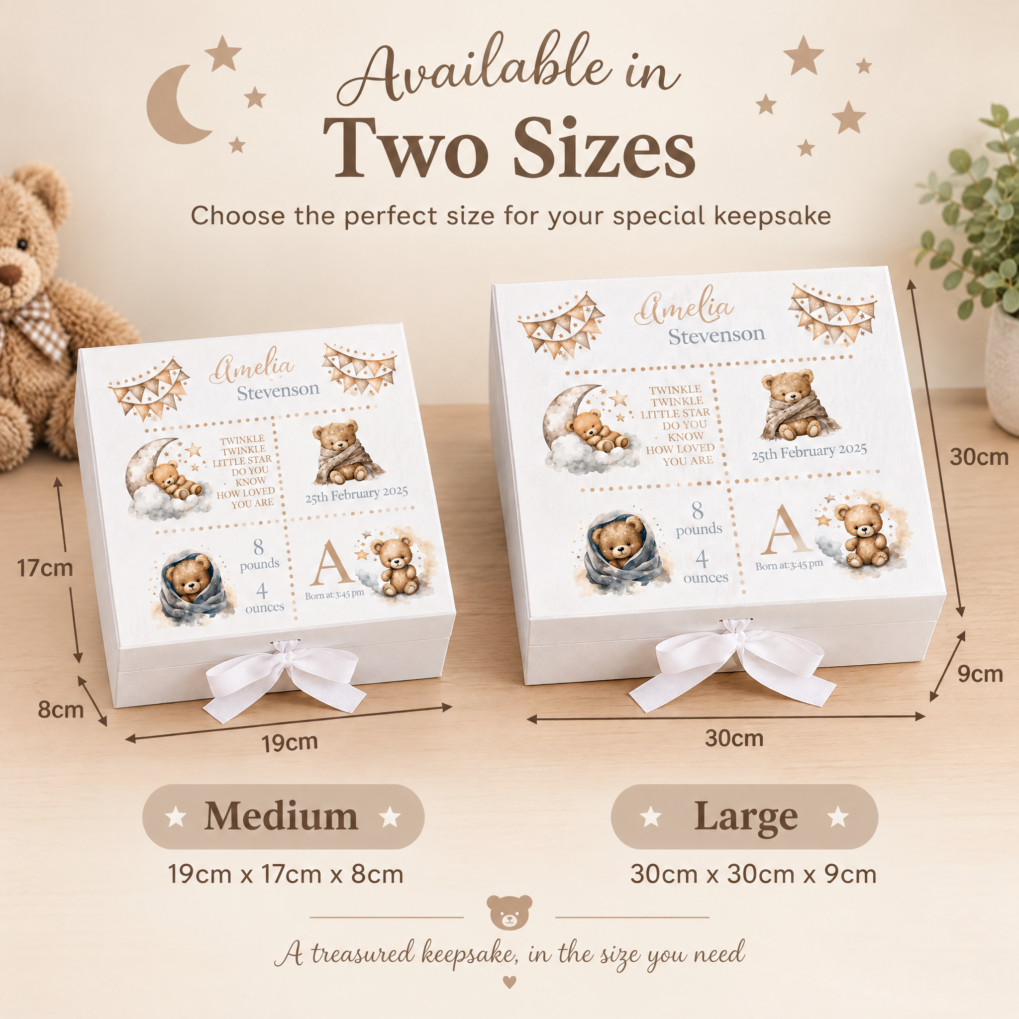 Personalised Baby Memory Keepsake Box with Cute Teddy Icons and Birth Details ukgiftstoreonline