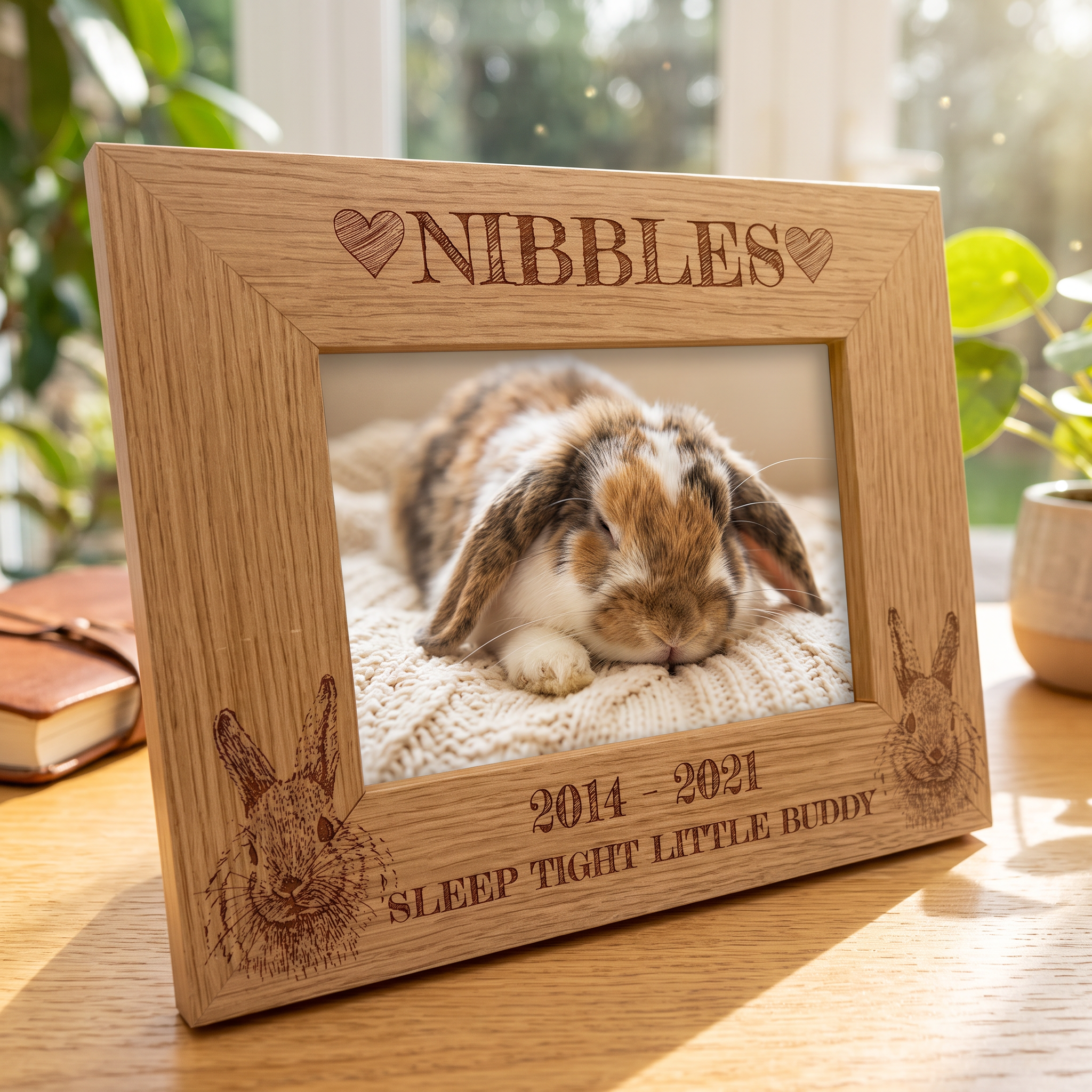A wooden picture frame with a photo of a sleeping rabbit inside it, placed on a wooden surface.