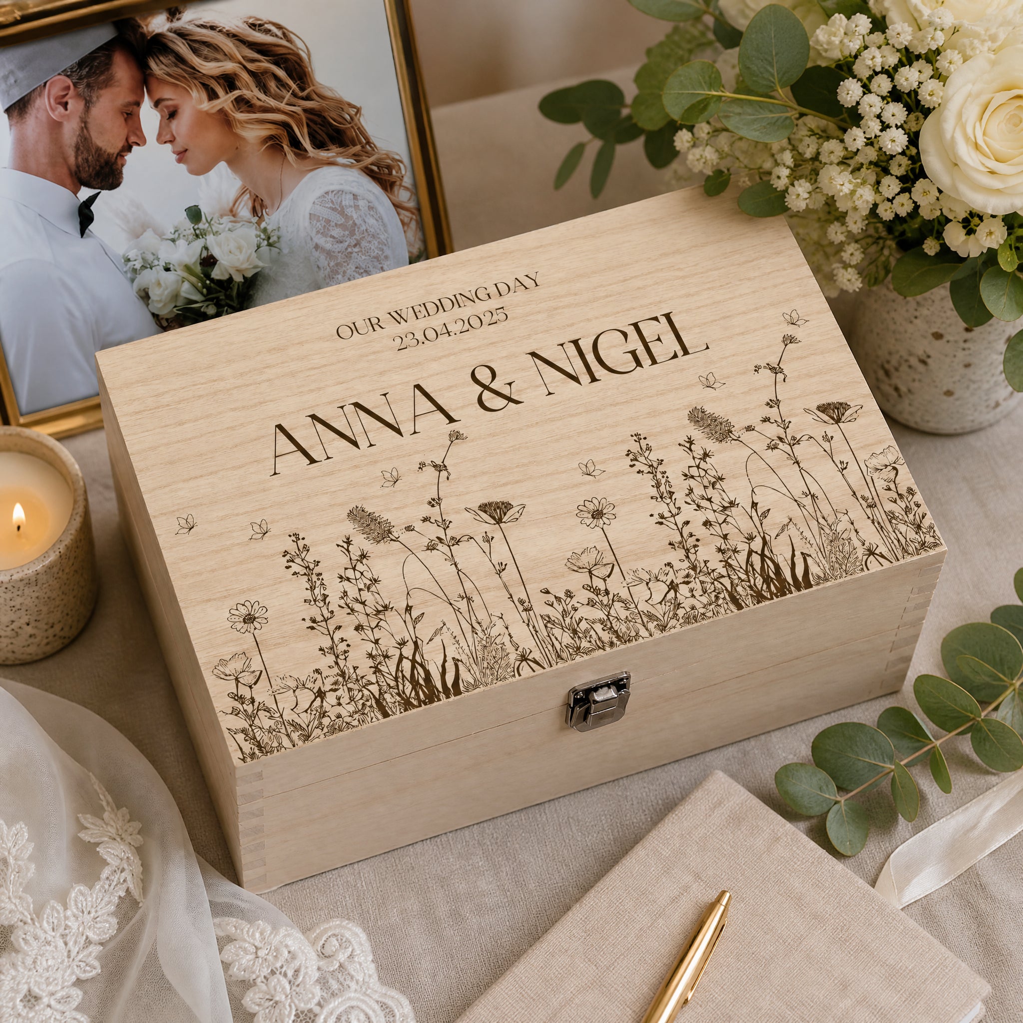 Personalised Wedding Memory Keepsake Box Gift With Wildflower Design Keepsake Memory Box ukgiftstoreonline