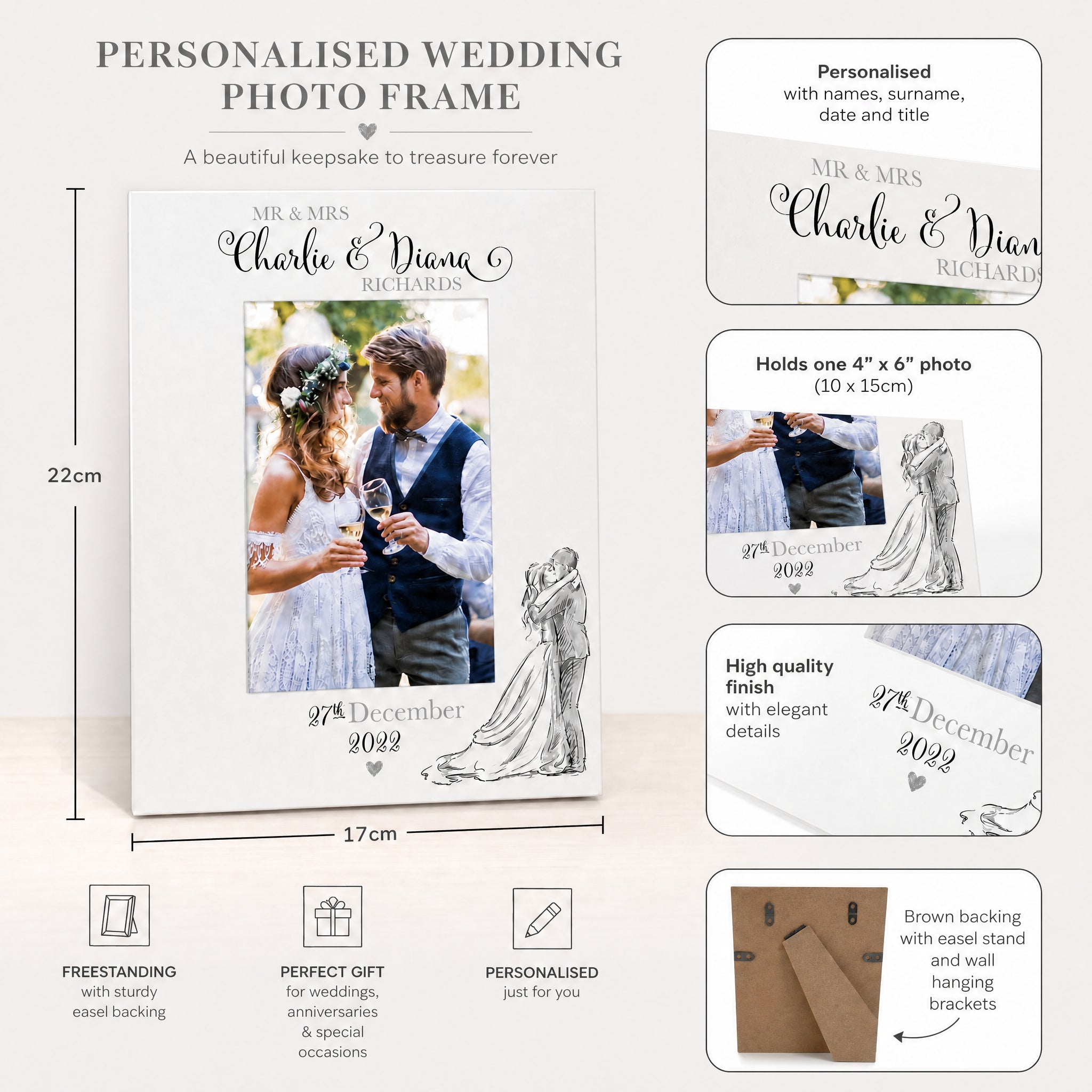 Personalised Wedding Day Wooden Photo Frame Gift With Sketch Couple Photo Frame ukgiftstoreonline
