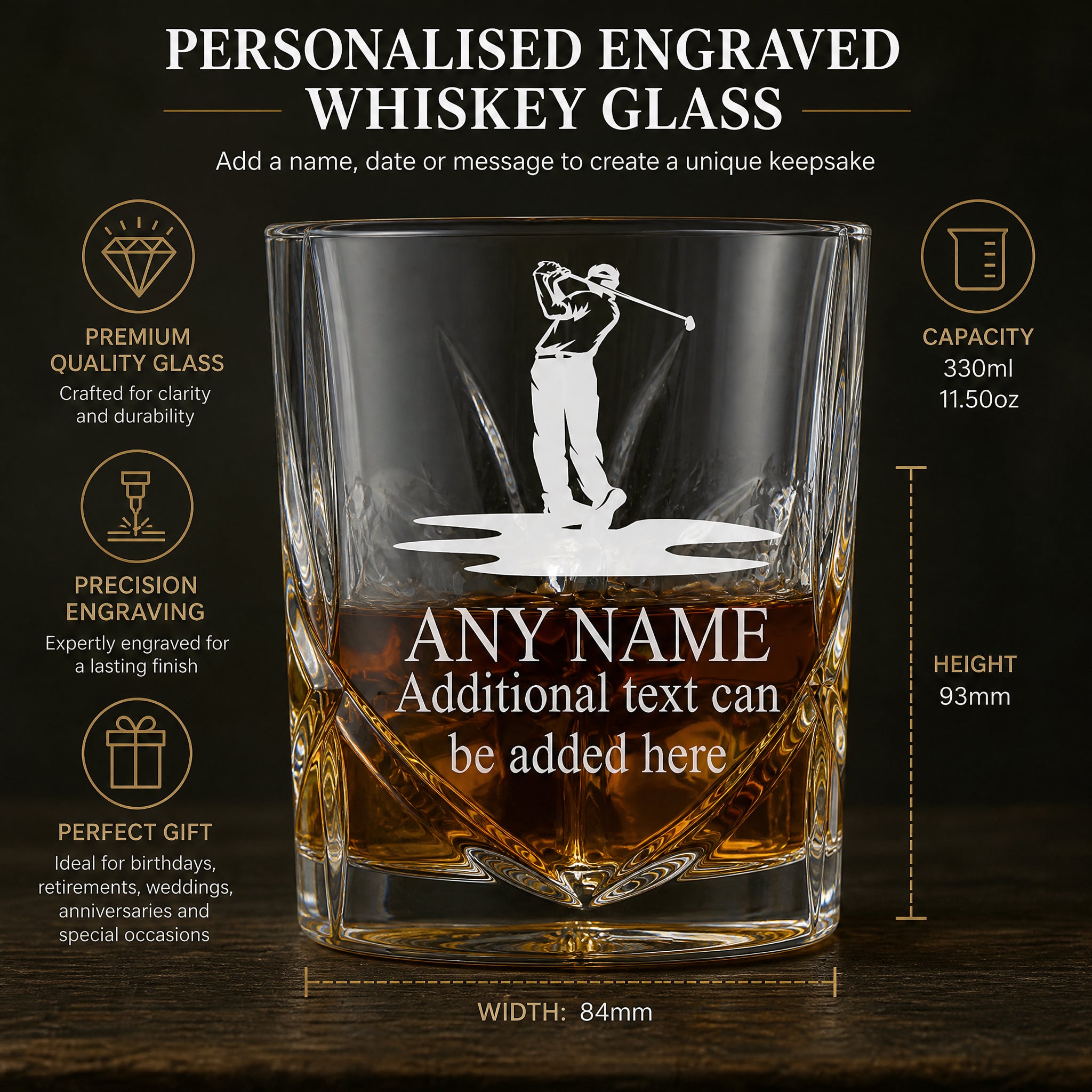 Engraved Sports Award Golf Theme Crystal Cut Whiskey Glass Gift Personalised Whiskey Glass ukgiftstoreonline