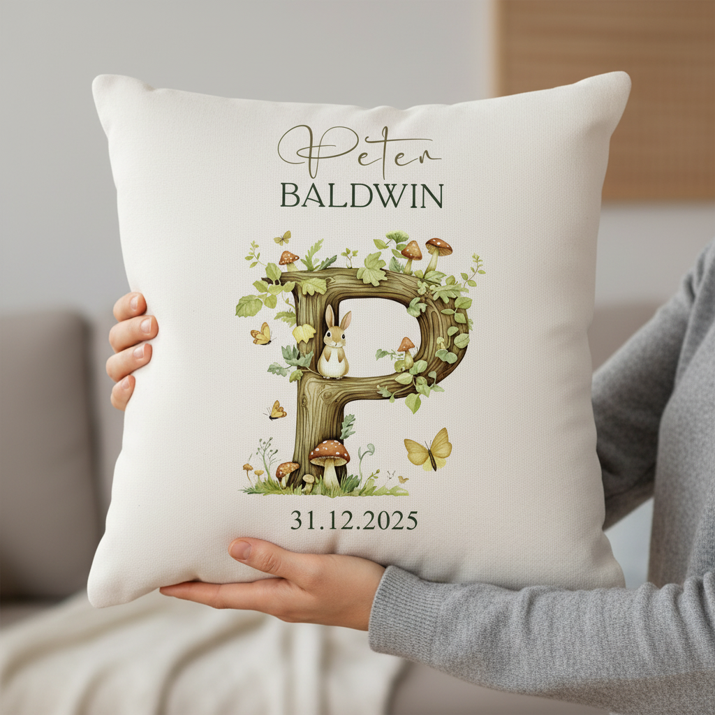 Personalised New Baby Cushion, Woodland Alphabet Design, Linen, Custom Pillow Nursery Keepsake Personalised Cushion Gifts ukgiftstoreonline