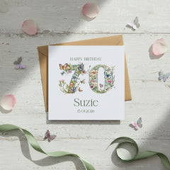 Personalised Luxury Linen 70th Birthday Card, Mum Auntie wife Grandma Friend Floral Numbers Personalised Cards ukgiftstoreonline