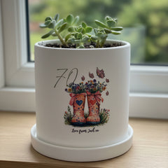 Personalised Plant Pot – 70th Birthday Gift With Floral Pink Boots Design & Matching Tray ukgiftstoreonline