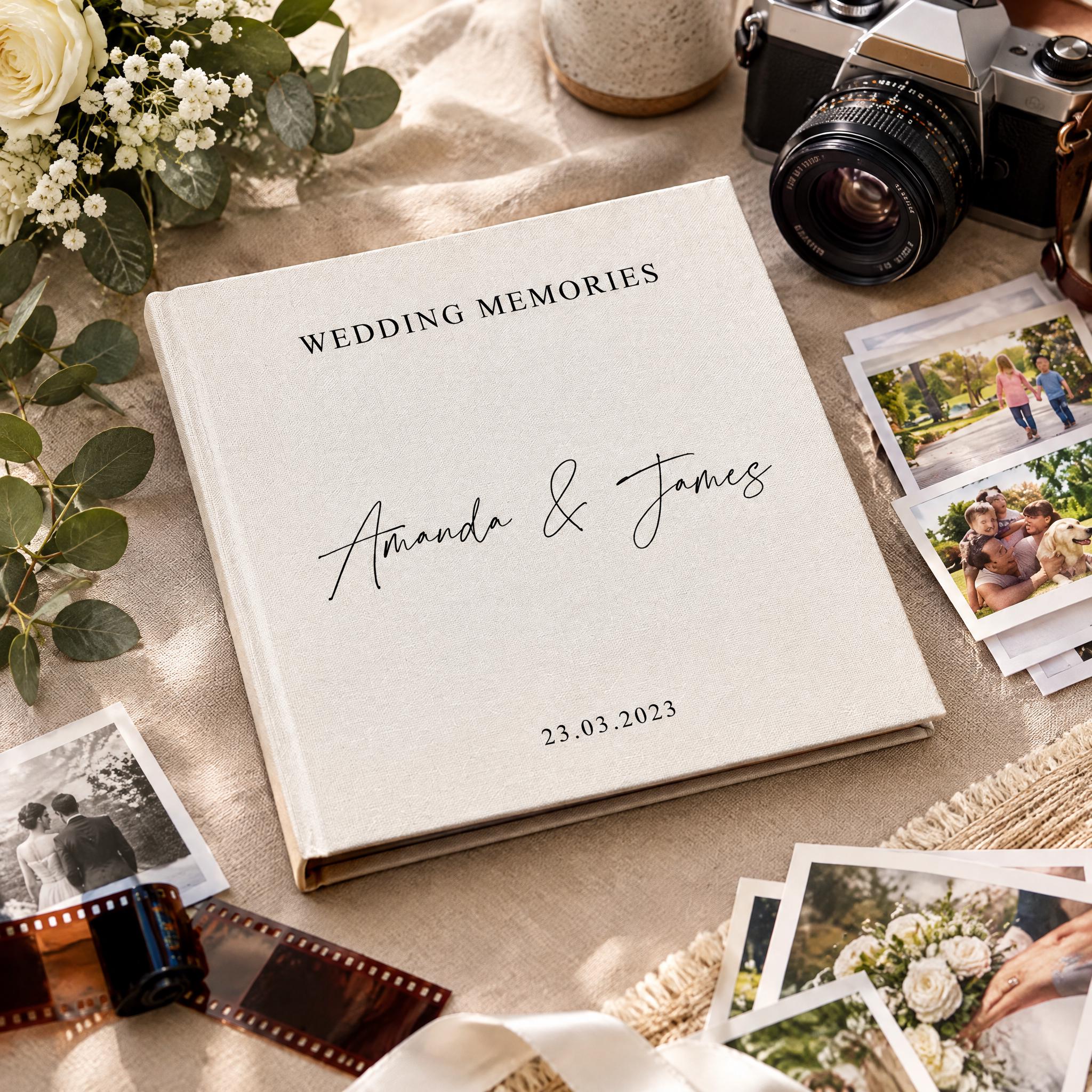 a wedding album titled "Wedding Memories" with the names "Amanda & James" written on it, placed on a table surrounded by various wedding-related items such as a camera, film, and photographs.