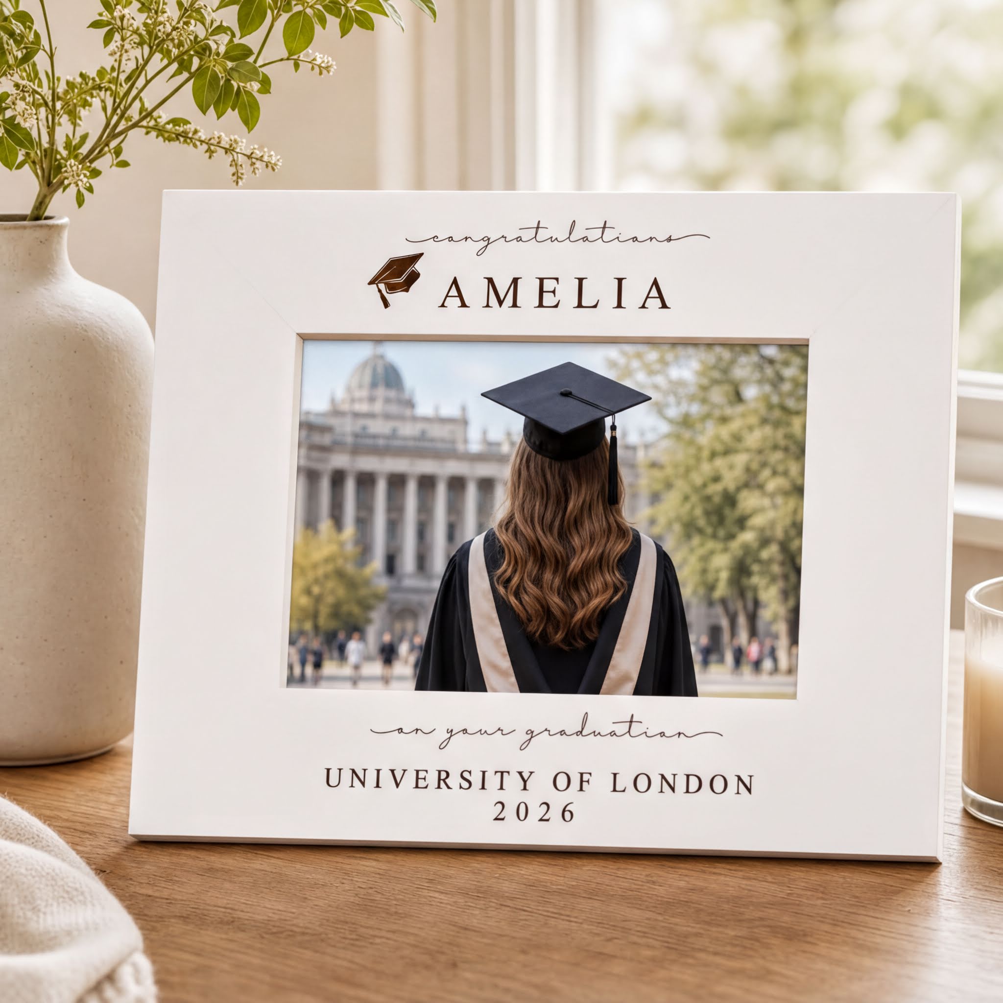 Personalised White Wooden Engraved Graduation Photo Frame Gift For University Graduate ukgiftstoreonline