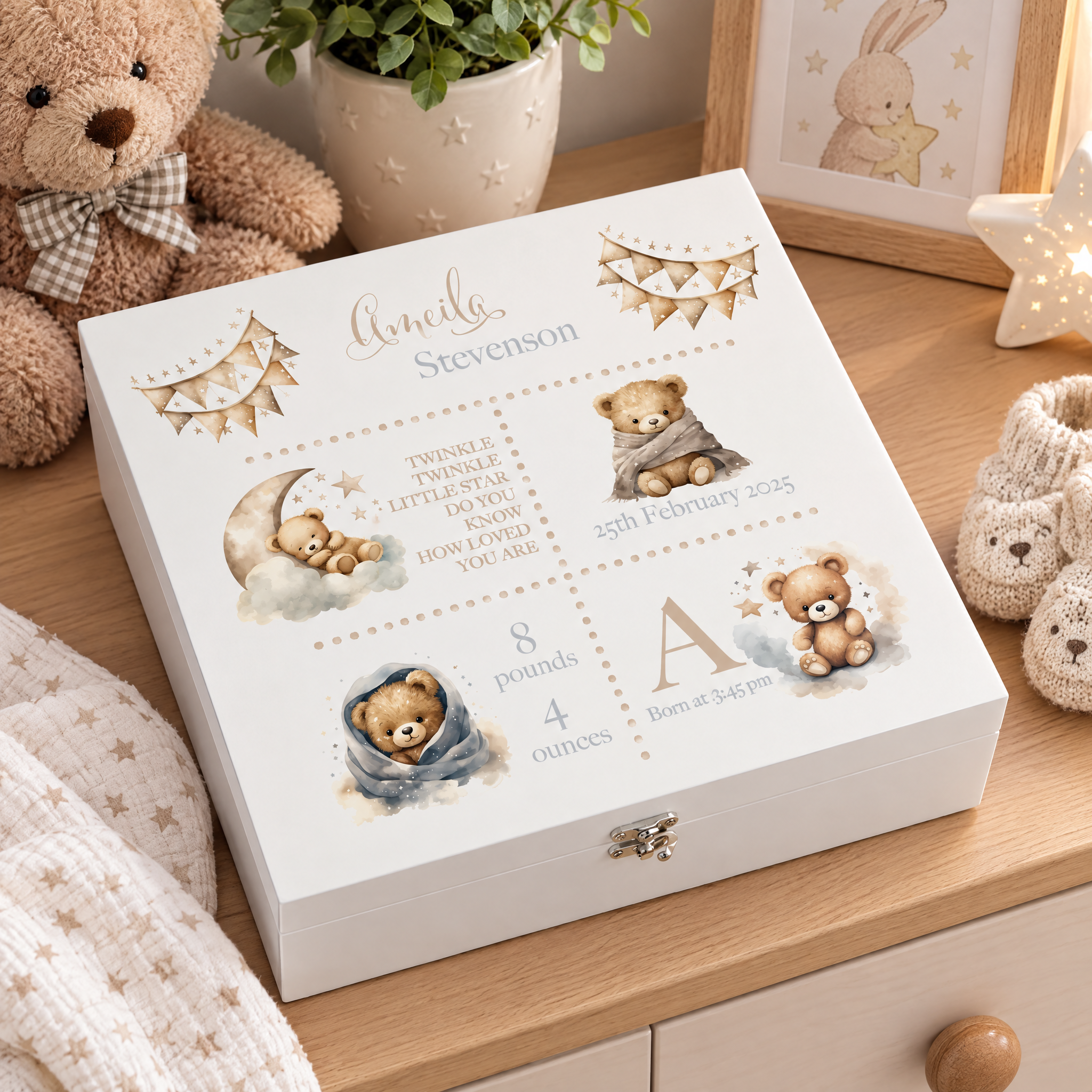 Personalised Baby Memory Keepsake Box with Cute Teddy Icons and Birth Details ukgiftstoreonline
