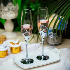 Double Heart Wedding Champagne Flute with Sparkling Crystals