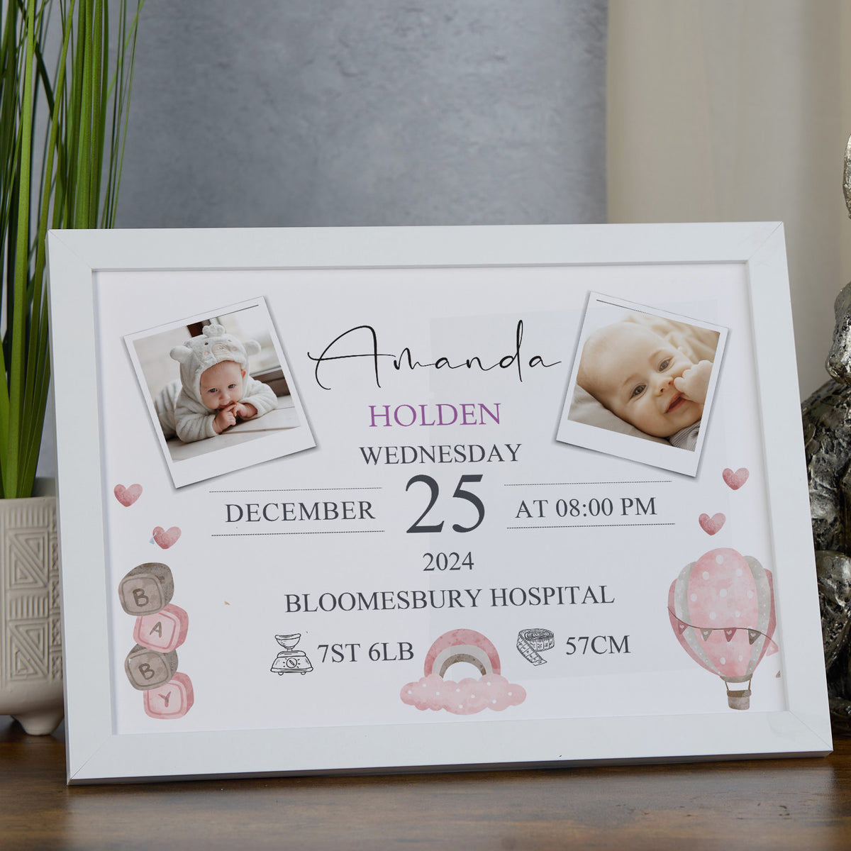 Personalised Baby Girl Photo Frame, A4 Framed Print and Photos with Birth Details