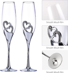 Double Heart Wedding Champagne Flute with Sparkling Crystals