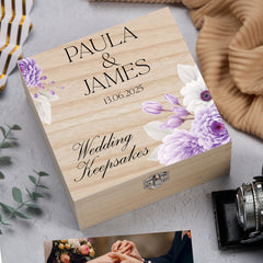 Personalised Wooden Wedding Keepsakes Memory Box With Purple Flowers