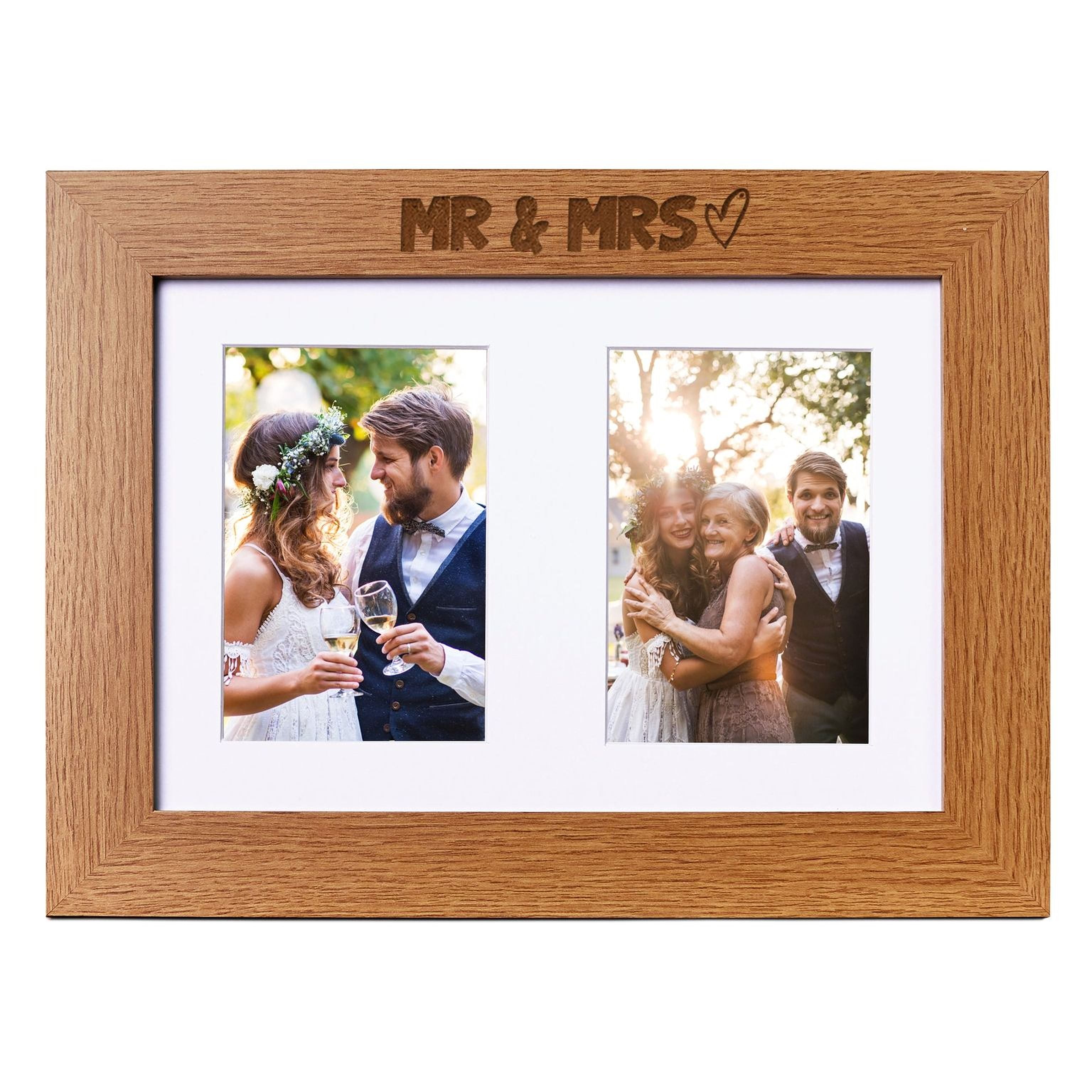 Wedding Photo Frame Double 6x4 Inch - Oak Wood Mr and Mrs Engraved Frame Photo Frame ukgiftstoreonline