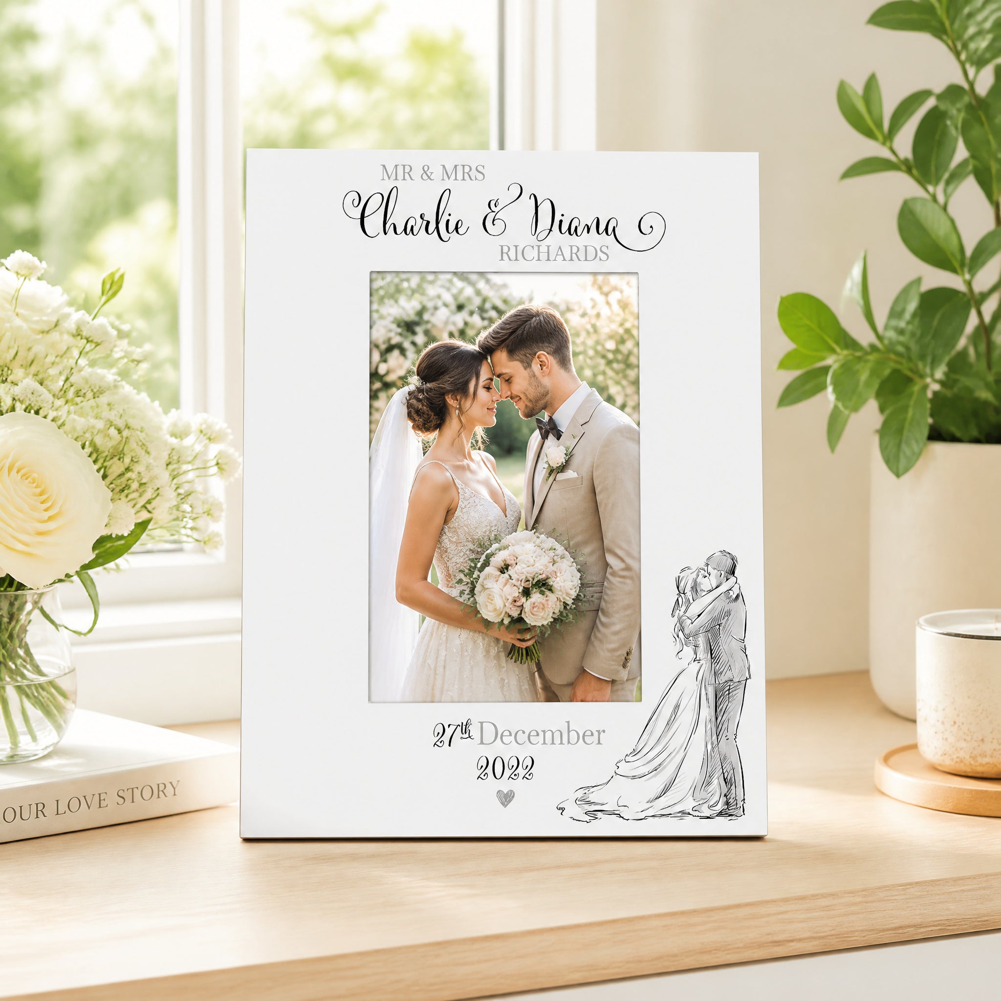 Personalised Wedding Day Wooden Photo Frame Gift With Sketch Couple Photo Frame ukgiftstoreonline