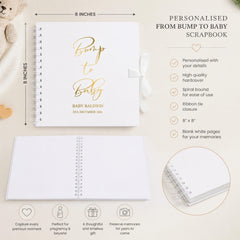 The image is a detailed description of a personalized scrapbook from bump to baby, including measurements, features, and a list of specifications.