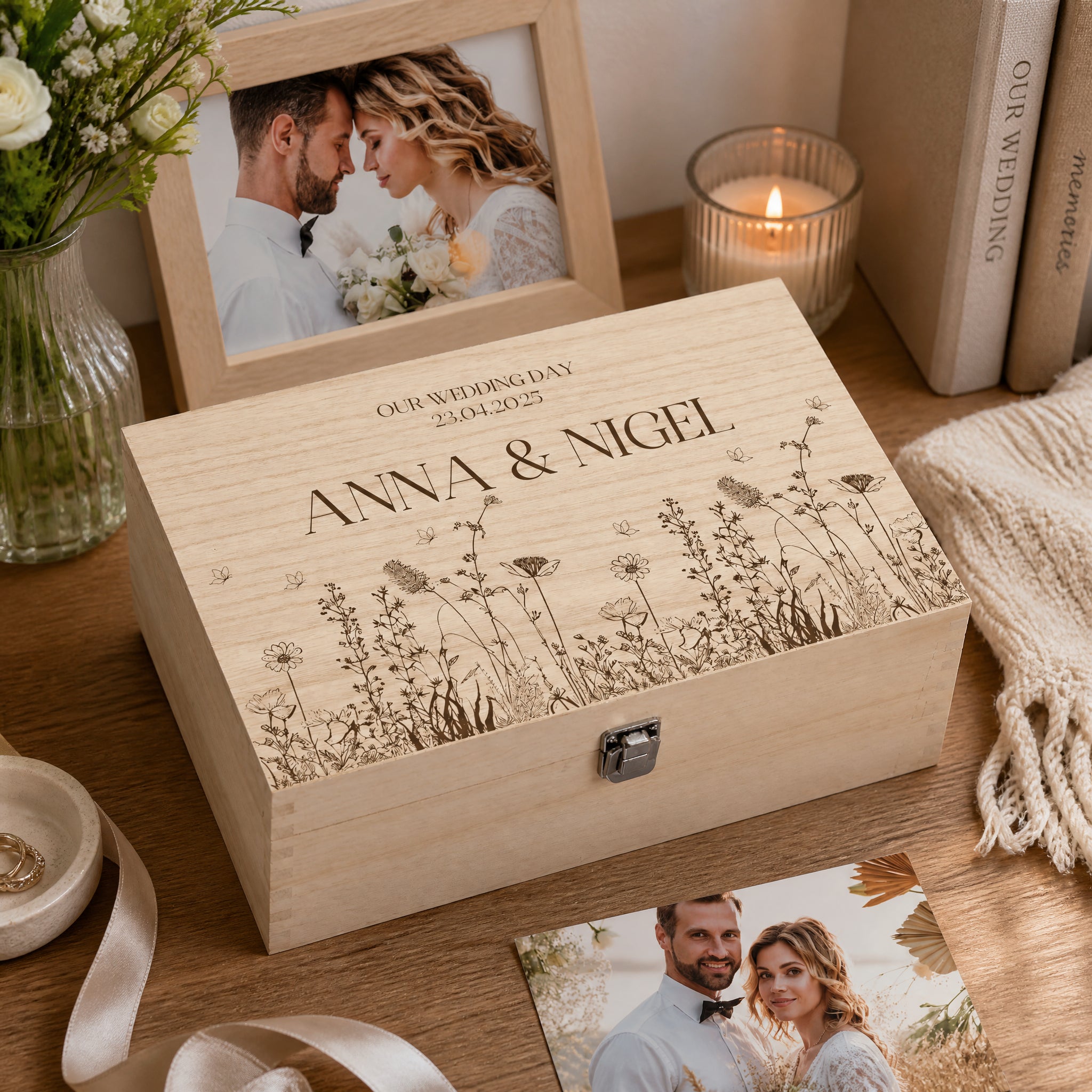 Personalised Wedding Memory Keepsake Box Gift With Wildflower Design Keepsake Memory Box ukgiftstoreonline
