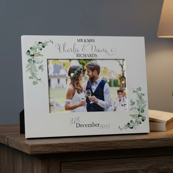 Personalised Wedding Day Photo Frame Gift With Eucalyptus Leaves